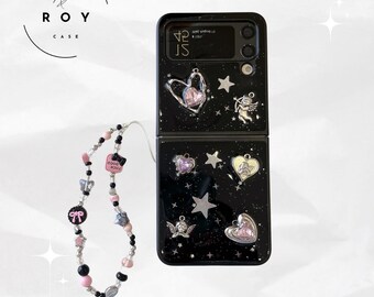 Funda para Samsung Galaxy Z Flip 6, 5, 4 y 3 con cadena, diseño 3D de ángel, estrella, corazón y brillo