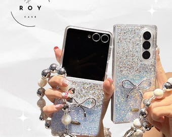 Funda para teléfono con lazo 3D, purpurina y degradado para Samsung Galaxy Z Flip 7 FE 6 5 4 3 5G, con cordón y a prueba de golpes