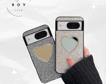 Funda de lujo con espejo de corazón y purpurina para Google Pixel 10 Pro XL, 9 Pro XL, 8 Pro, 7 Pro, 6A, de cuero brillante con cuadrícula.