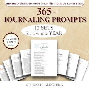 May include: A digital download featuring 365+1 journaling prompts, 12 sets for a whole year, and a mood and habit tracker. The design includes text in a serif font and a snowflake graphic. The words "Instant Digital Download" are at the top.