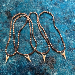 May include: Four necklaces with brown and white beads and a shark tooth pendant. The necklaces are arranged on a blue textured surface. The beads are small and round, with a shark tooth pendant at the bottom.