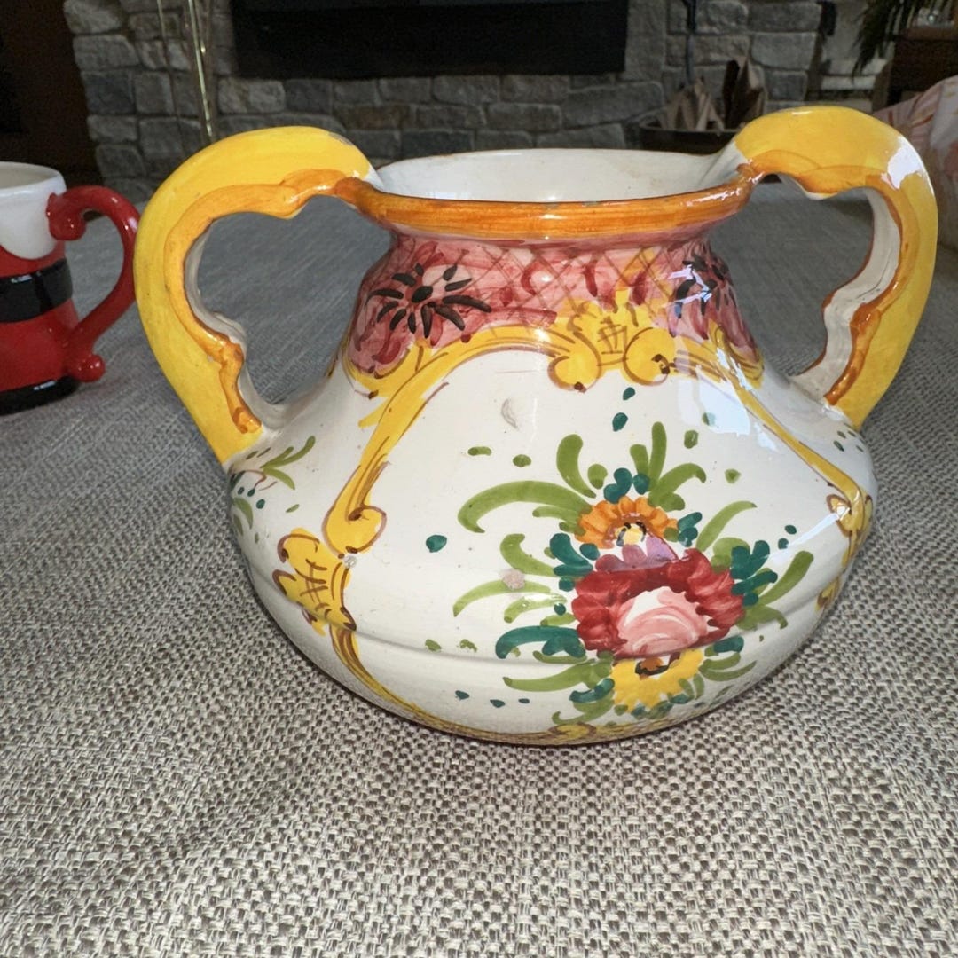 Vintage Italian Majolica Pottery Vase Hand Painted Floral Deruta Vietri ...