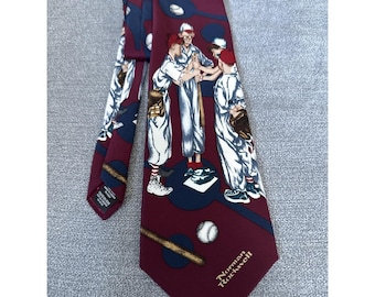 Y2K VTG Norman Rockwell Baseball Theme Silk Necktie By Brown & Bigelow 4"