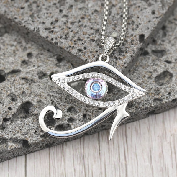 Eye of Horus Necklace Crystal Evil Eye Pendant Sterling Silver Protection Jewelry Egyptian Amulet Gift for Her