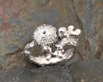 Sea Urchin and Coral Sterling Silver Ring, beach jewellery, summer Jewelry, mermaid ring, silver urchin