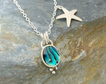 Paua Shell Necklace: Silver Starfish Charm, Abalone Pendant, beach jewellery for beach, summer jewelry, mermaid jewellery