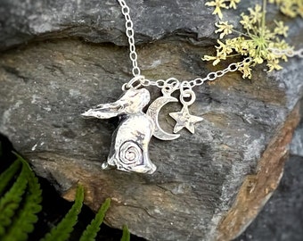 Moon gazing hare necklace, hares, moons, celestial, witch, silver hare, Celtic hare, hare charm.