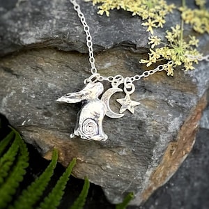 Sterling Silver Moon Gazing Hare Necklace with stars