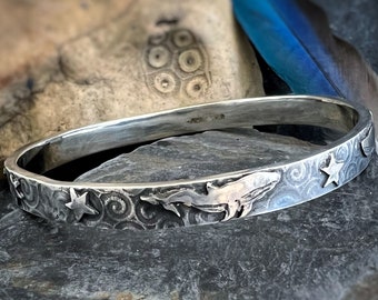 Star Gazing Whale Bangle - bracelet, silver bangle, whales, humpback whale, stars, whale jewellery