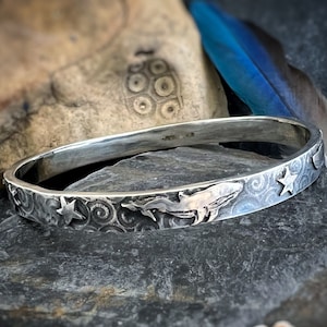 Star Gazing Whale Bangle - bracelet, silver bangle, whales, humpback whale, stars, whale jewellery