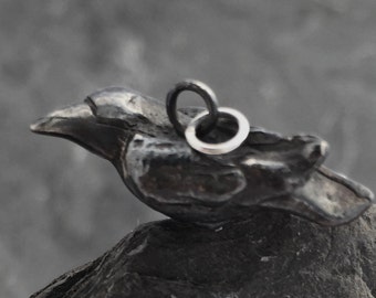 Raven Charm, sterling silver 'Edgar', raven, crow