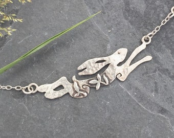 Sterling Silver Hare Necklace: hare and  Stars Pendant, chasing stars, hare jewellery, rabbit necklace, running hare, nature jewelry
