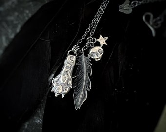 Charm Necklace - Cat paw, skull, Raven feather necklace, Roger & Liebchen , lucky charm, lucky necklace, kitten paw, cat.