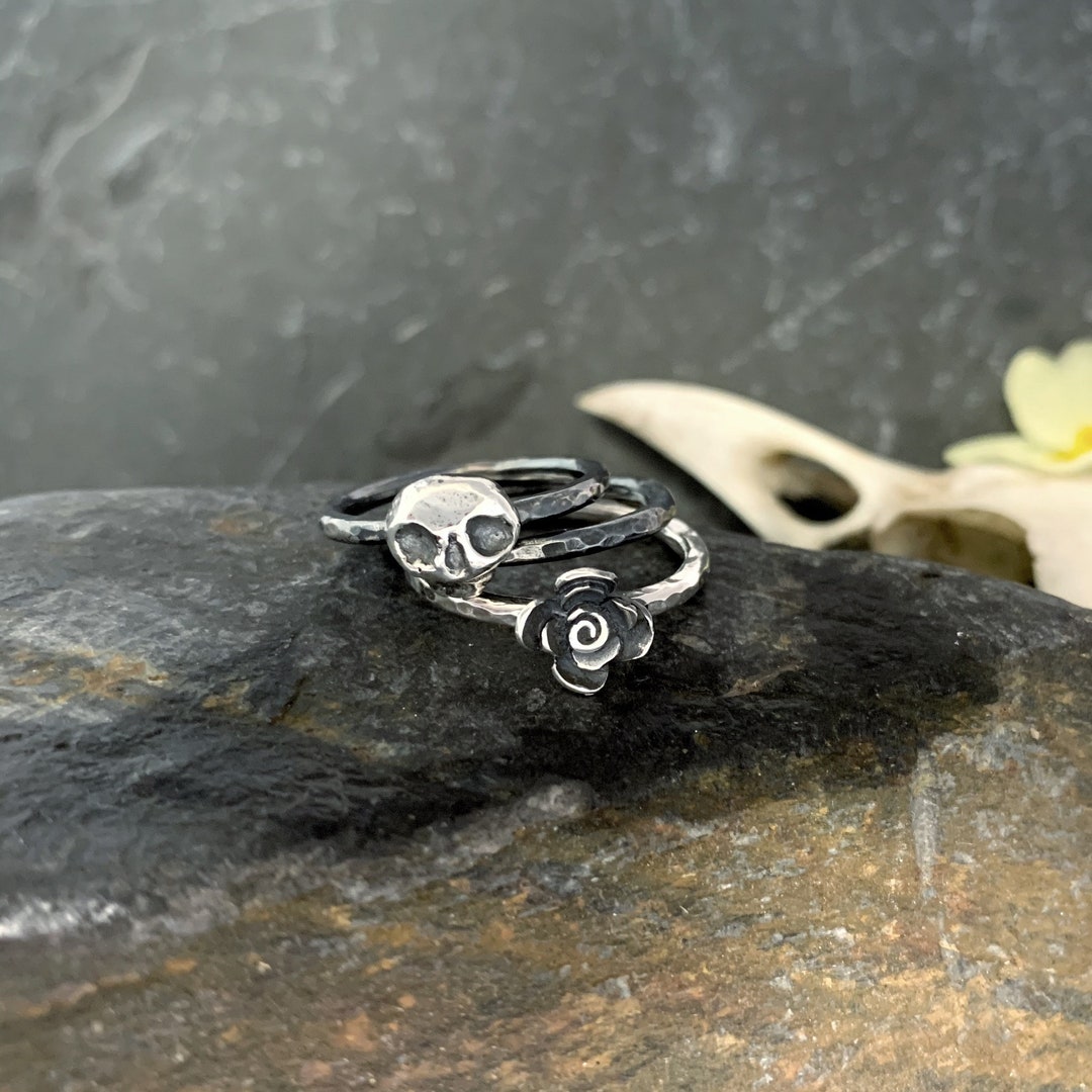Skull And Roses Rings Skull Stack Ring Set, Skulls and Roses, Skull Ring, Rose Ring ...