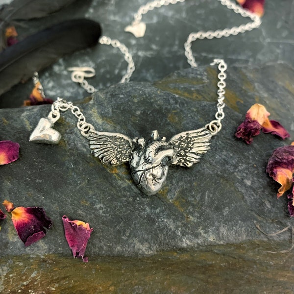 Winged heart necklace, flaming heart, wings, valentine, anatomical heart necklace