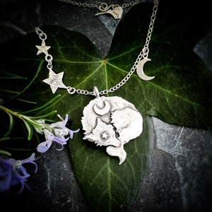 Sleeping Fox Necklace: Sterling Silver fox Pendant, Moon and Stars, foxes, woodland animal jewellery, fox jewelry, cottagecore, witch