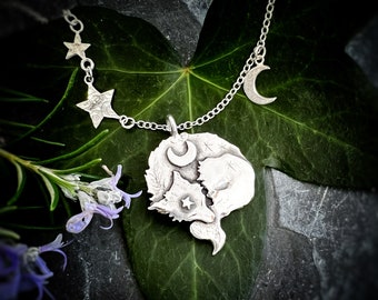 Sleeping Fox Necklace: Sterling Silver fox Pendant, Moon and Stars, foxes, woodland animal jewellery, fox jewelry, cottagecore, witch