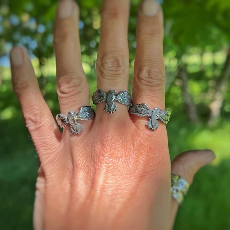 May include: Three silver rings featuring a bird design. The rings are worn on the fingers of a hand.