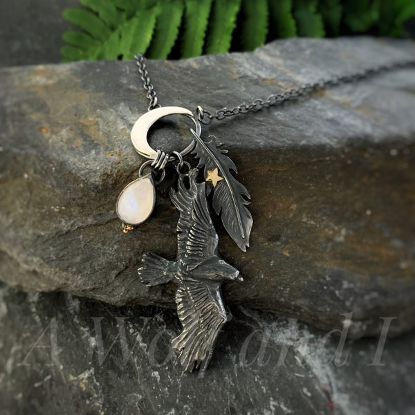 Moon Raven Necklace - ( Short length ), raven jewellery, crow necklace, moonstone necklace, moon, stars, raven, witch jewellery.