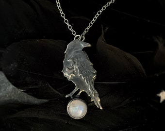 Oxidized Sterling Silver Raven Necklace with Moonstone - 17" Chain