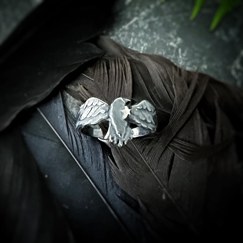 May include: A silver ring featuring a detailed design of a bird in flight. The bird has spread wings and a star on its chest. The ring is set against a dark background of feathers.