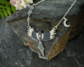 Magpie moon necklace - ‘Nell’ - magpies, magpie necklace, feather, moon. Bird necklace, flying bird.