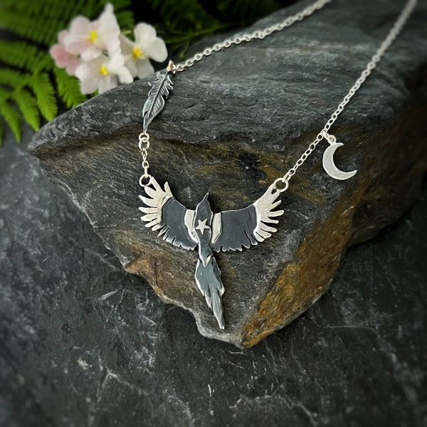 Magpie moon necklace - ‘Nell’ - magpies, magpie necklace, feather, moon. Bird necklace, flying bird.