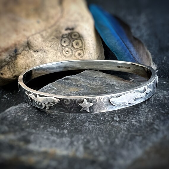 Star Gazing Whale Bangle Bracelet, Silver Bangle, Whales, Humpback