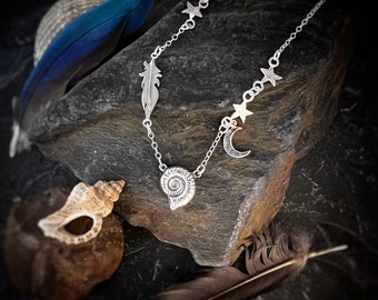 Flotsam and Jetsam Beachcomber Necklace, ammonite, fossil, feather. Beachy necklace, ammonites
