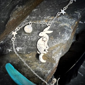Sterling Silver Hare Necklace: Moonstone Rabbit Pendant, moon gazing hare, hare jewellery, jack rabbit jewelry, witchy jewellery