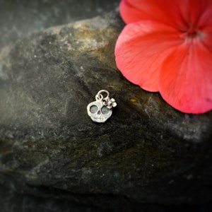 Tiny Sterling Silver Skull Charm: skull with Flower, Halloween, goth jewellery