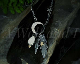 Handmade Sterling Silver Moon and Feather Necklace, Moonstone Raven Pendant. crescent moon, witchy, witch jewellery