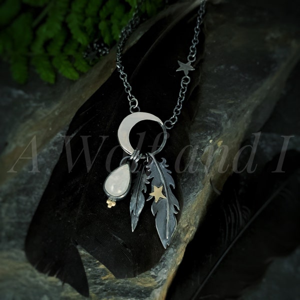 Moon Feather Necklace, raven feathers, moonstone, crescent moon, silver moon, oxidised silver feathers.