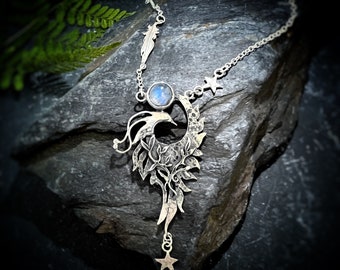 Firebird Necklace - Primrose, phoenix, Firebird, moonstone necklace, bird necklace, fairytale jewellery.