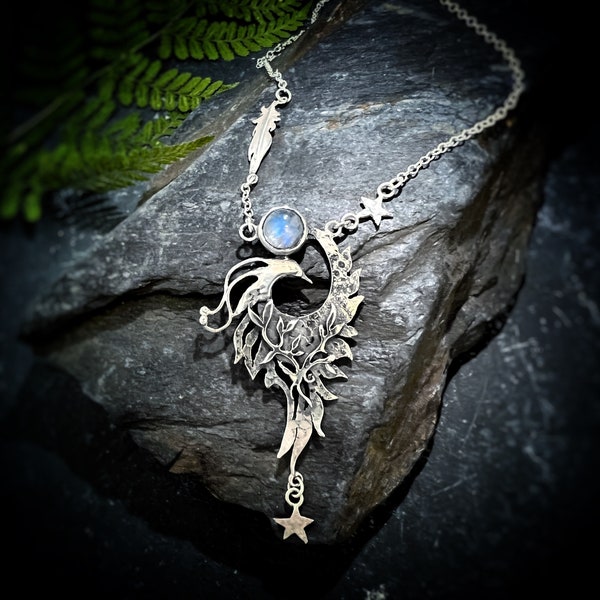 Firebird Necklace - Primrose, phoenix, Firebird, moonstone necklace, bird necklace, fairytale jewellery.