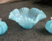 Pretty Blue Fenton Vintage Melon Rib Console Set Ruffled Bowl Candleholders Candle Holders