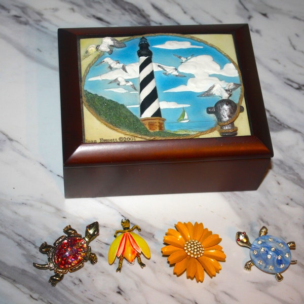 4 Fun Vintage Enameled Brooches ~ Trifari Sunflower, Blue and Rhinestone Sea Turtle and Opal Turtle plus Small Cape Hatteras NC Jewelry Box