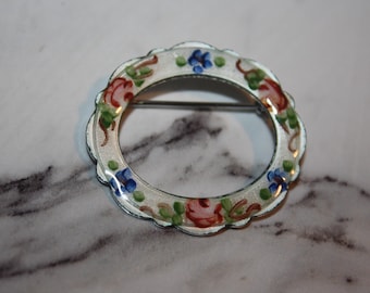 Vintage Sterling Silver LaMode Guilloche Enamel Pink Roses Blue Flowers Floral Oval Pin Brooch