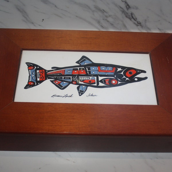 Roxana Leask Alaskan American Native Artist "Salmon" Fish Tile Wooden Storage or Jewelry Box