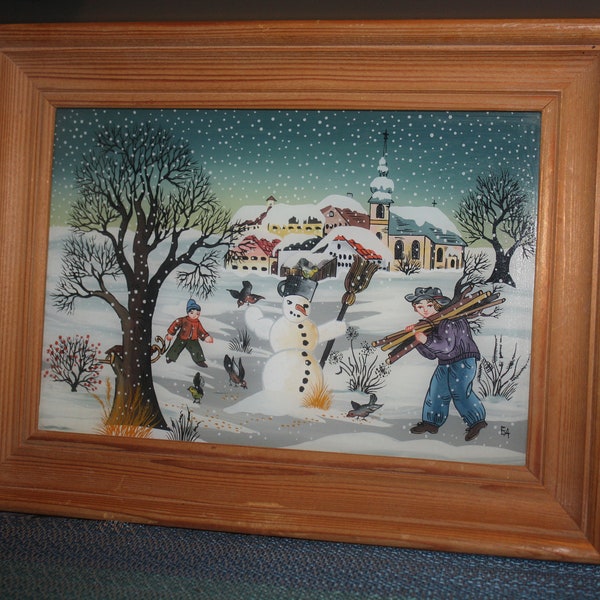 Nice Vintage Framed Folk Art Reverse Winter Scene Painting on Glass Made in Germany