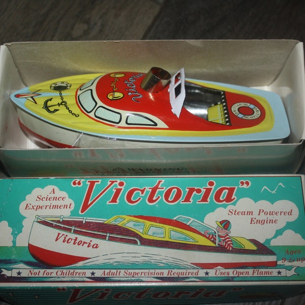 Vintage Schylling Victoria Steam Powered Tin Litho Toy Boat in Original Box