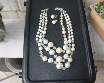 Vintage Aurora Borealis AB Fiery Crystal & Pearl 3 Strand Necklace with Earrings
