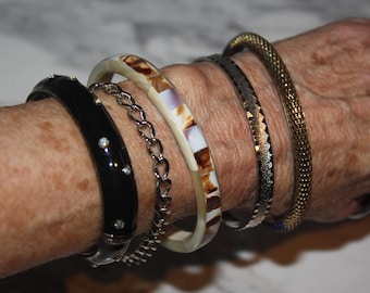 5 Vintage  Abalone, Copper, Trifari, Charm, Rhinestone Clamper, Bangle Bracelets
