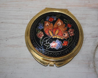 Vintage Butterfly Cloisonné Gold Tone Double Mirror Purse Compact Flowers Vanity