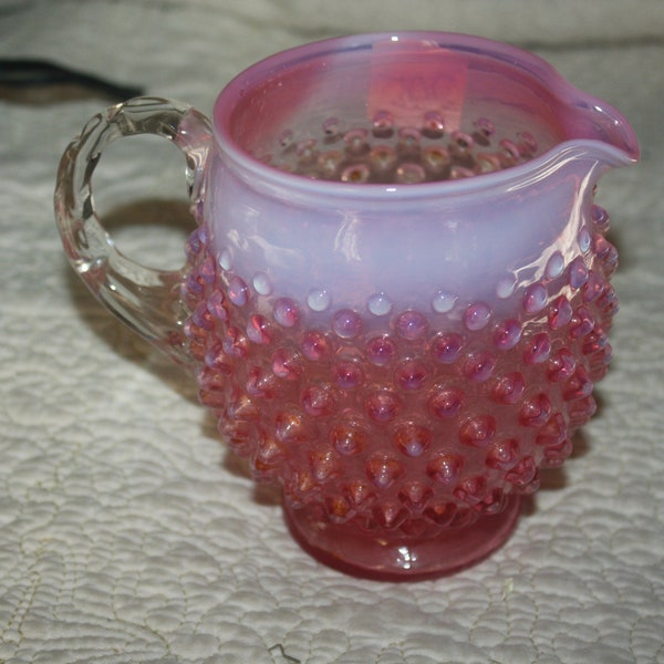 Vintage Fenton Cranberry Opalescent Hobnail Pitcher w/ Applied Handle