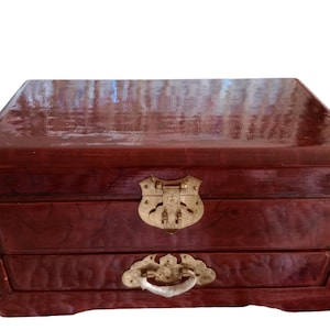 Vintage Chinese Brown Lacquer Jewelry Box with Brass Hardware and Red Satin Lining