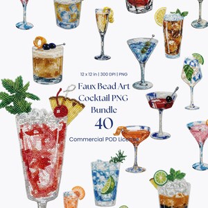 May include: A digital collection of 40 cocktail illustrations featuring faux bead art textures. The graphics include various mixed drinks in glasses with garnishes like cherries, citrus slices, and mint leaves, labeled 12 x 12 in 300 DPI PNG.