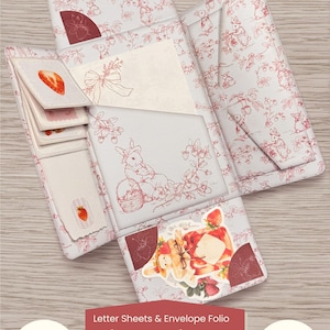 May include: A white and red Bunny & Berry Snail Mail Pack, featuring a bunny and strawberry design. The pack includes letter sheets and an envelope folio. The image also includes the text "Instant Digital Download".