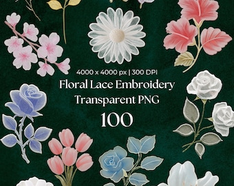 Florale Spitze Stickerei PNG Bundle, 100 schiere Blume Clipart für Junk Journal Ephemera, texturierte weiß blaue Rose Tulpe Orchidee Gänseblümchen