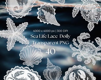 40 Sea Life Lace Doily PNG Bundle, Ocean Nautical Transparent Clipart, Küstenhochzeitsspitze Sublimation, Meeresschildkröte Krabbe Seestern Seepferdchen